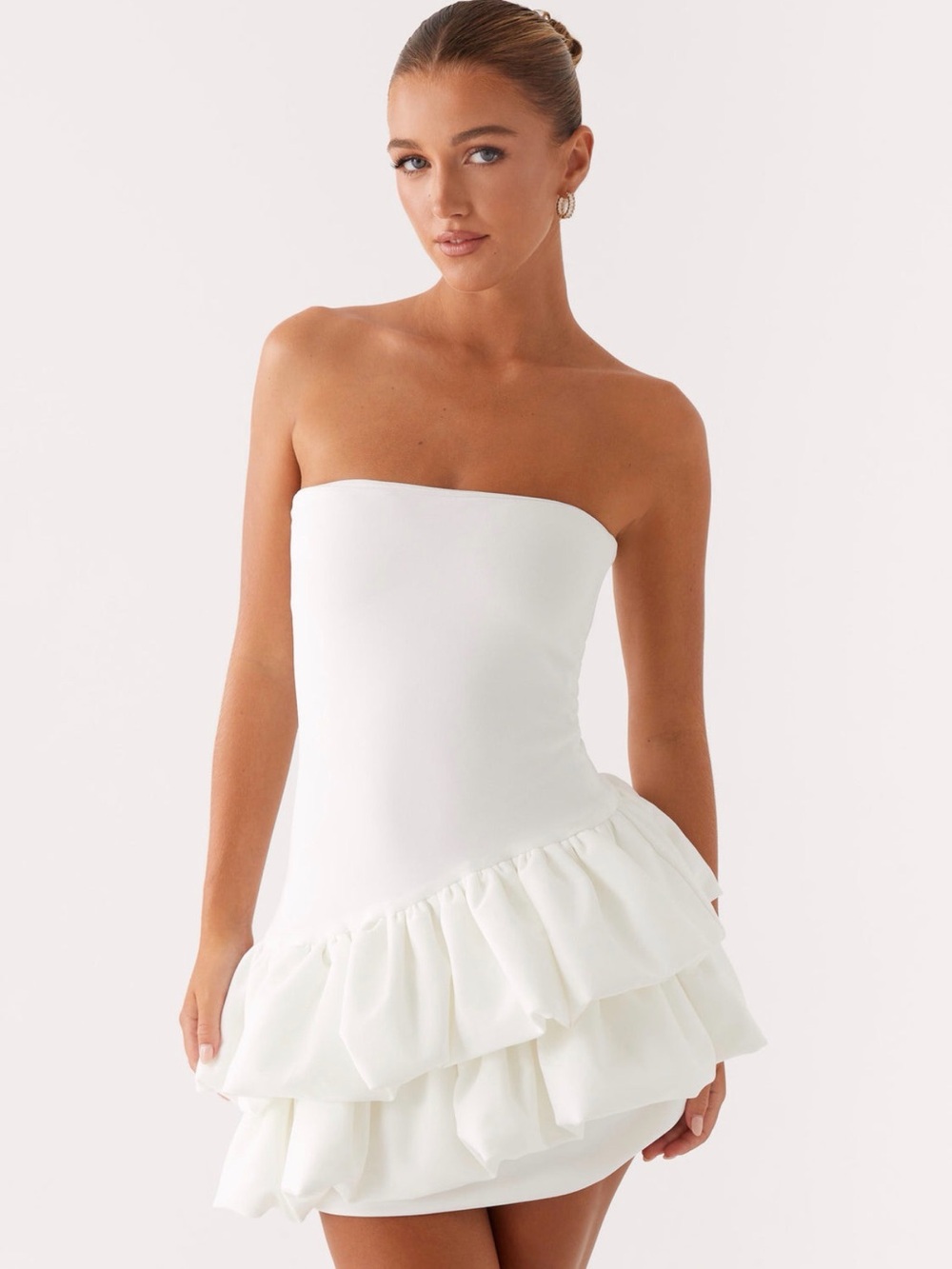 Strapless White Ruffle Mini Dress
